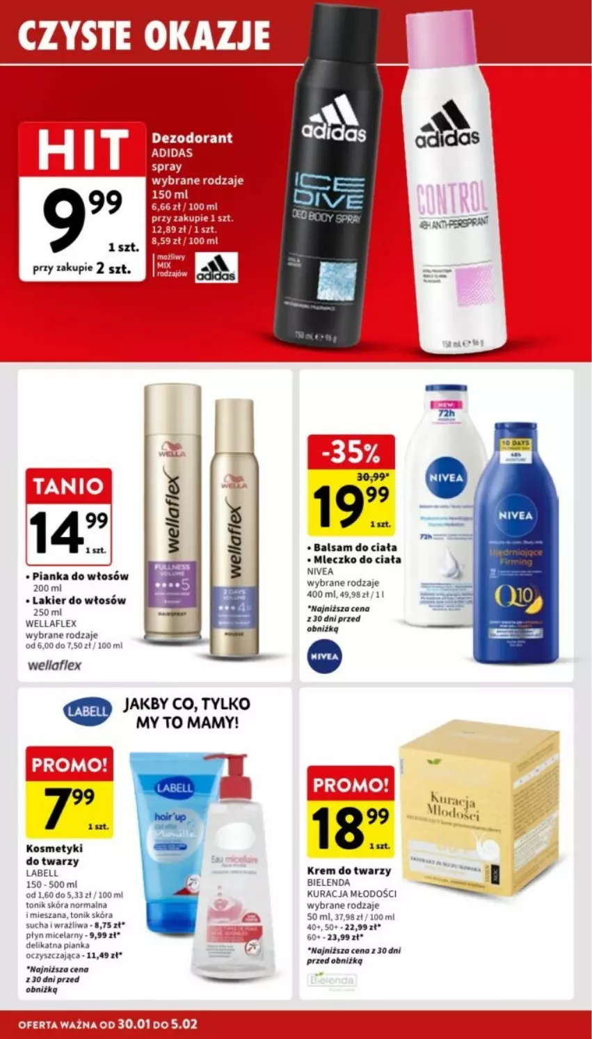 Gazetka promocyjna Intermarche - ważna 30.01 do 05.02.2025 - strona 28 - produkty: Balsam do ciała, Bell, Bielenda, Krem do twarzy, Lakier, Lakier do włosów, Mleczko, Mleczko do ciała, Nivea, Pianka do włosów, Płyn micelarny, Tonik, Wella, Wellaflex