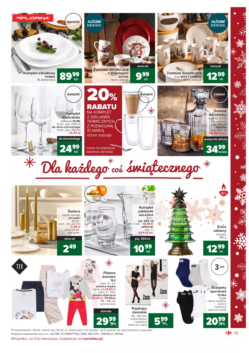 Gazetka promocyjna Carrefour - Gazetka Market - ważna 07.12 do 12.12.2021 - strona 15 - produkty: Choinka, Dzbanek, Dzieci, Gala, Inka, Karafka, Karp, Komplet obiadowy, Lanki, Piżama, Por, Puma, Pur, Rajstopy, Ser, Serwetki, Sport, Top, Whisky, Znicz