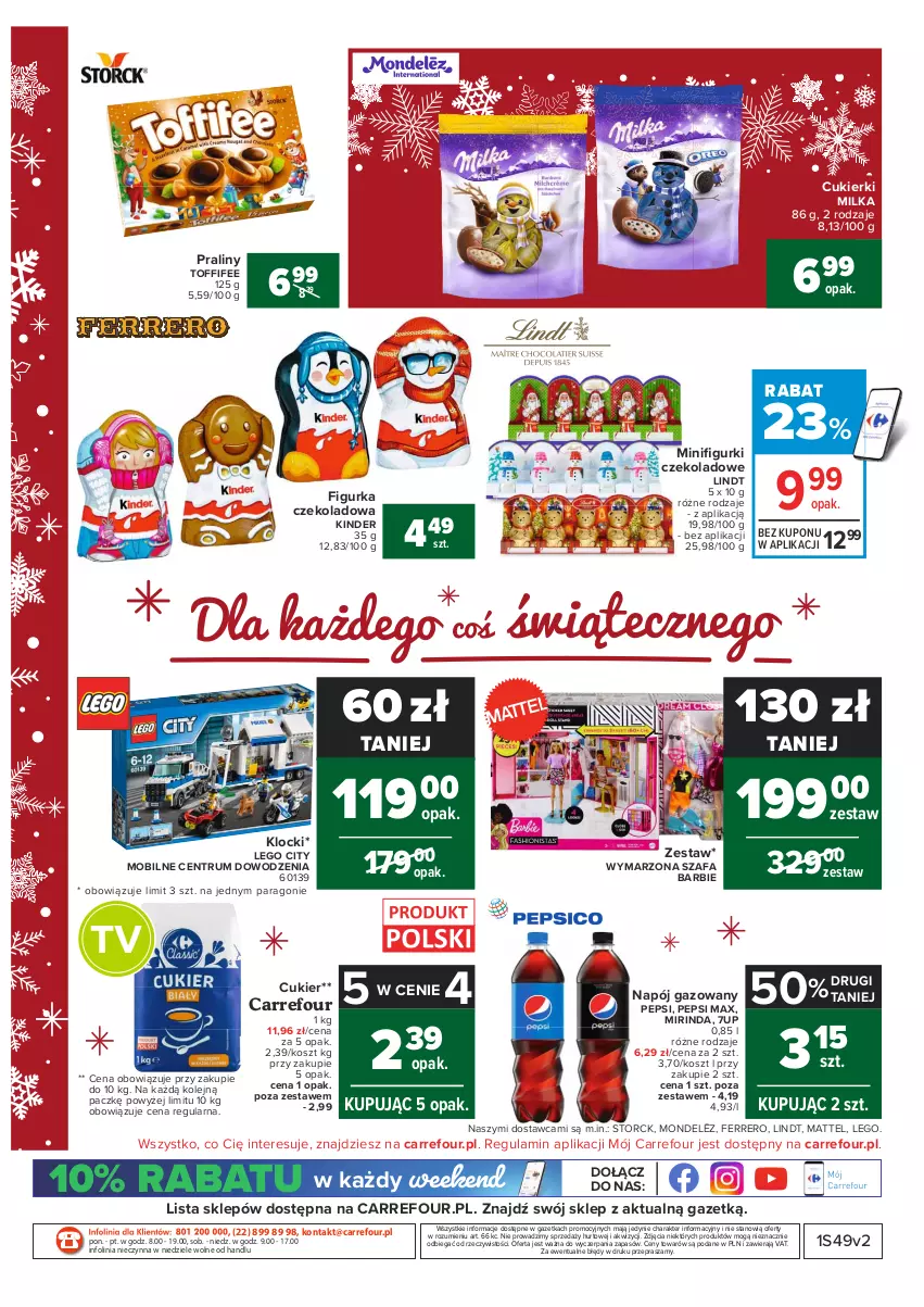 Gazetka promocyjna Carrefour - Gazetka Market - ważna 07.12 do 12.12.2021 - strona 17 - produkty: 7up, Barbie, Cukier, Cukierki, Fa, Ferrero, Kinder, Klocki, Kosz, LEGO, LEGO City, Lindt, Mattel, Milka, Mirinda, Mobil, Napój, Napój gazowany, O nas, Olej, Pepsi, Pepsi max, Praliny, Rum, Szafa, Toffifee