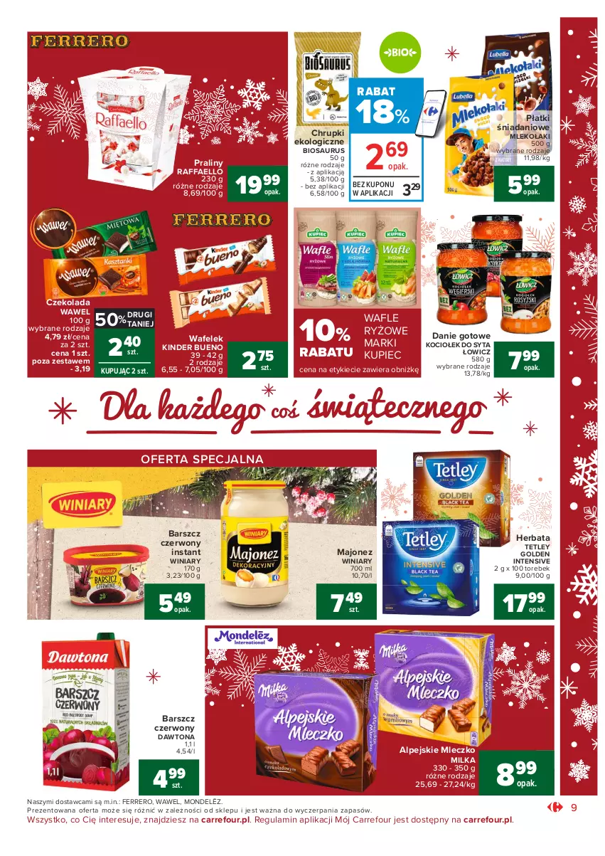 Gazetka promocyjna Carrefour - Gazetka Market - ważna 07.12 do 12.12.2021 - strona 9 - produkty: Chrupki, Czekolada, Danie gotowe, Danio, Dawtona, Fa, Ferrero, Herbata, Kinder, Kinder Bueno, Koc, Kupiec, Majonez, Milka, Mleczko, Mleko, Piec, Praliny, Raffaello, Ryż, Tetley, Wafelek, Wafle, Wawel, Winiary