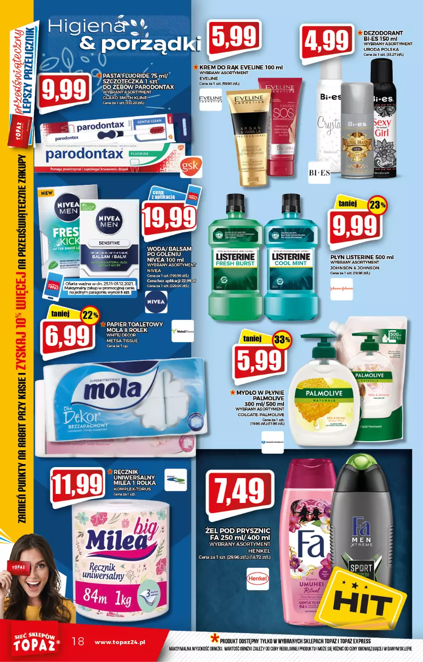 Gazetka promocyjna Topaz - Gazetka - ważna 25.11 do 01.12.2021 - strona 18 - produkty: Colgate, Eveline, Fa, Krem do rąk, LG, Listerine, Mydło, Mydło w płynie, Nivea, Palmolive, Papier, Papier toaletowy, Parodontax, Ręcznik, Sok, Top, Woda