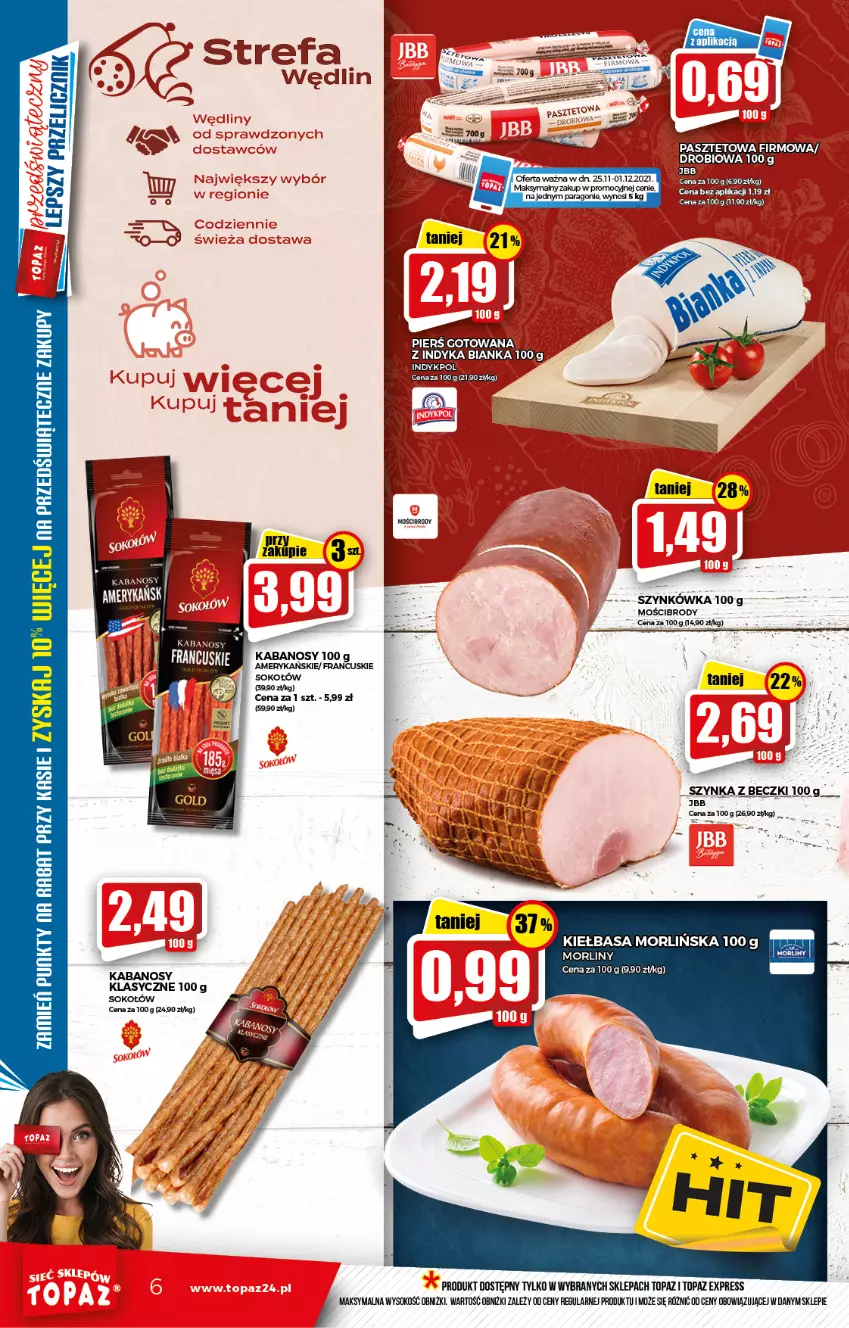 Gazetka promocyjna Topaz - Gazetka - ważna 25.11 do 01.12.2021 - strona 6 - produkty: Fa, Kabanos, Kiełbasa, LG, Pasztet, Sok, Sokołów, Szynka, Szynka z beczki, Top