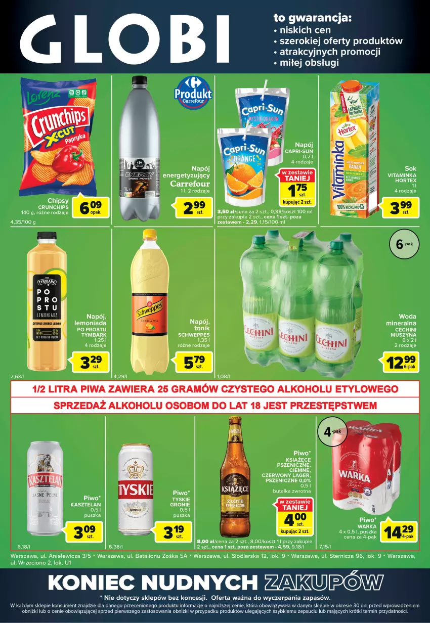 Gazetka promocyjna Carrefour - Gazetka Globi - ważna 24.01 do 30.01.2023 - strona 2 - produkty: Chipsy, Kasztelan, Kosz, Książęce, Lemoniada, Lion, Mus, Napój, Piwo, Schweppes, Szyna, Tonik, Tyskie, Warka, Woda