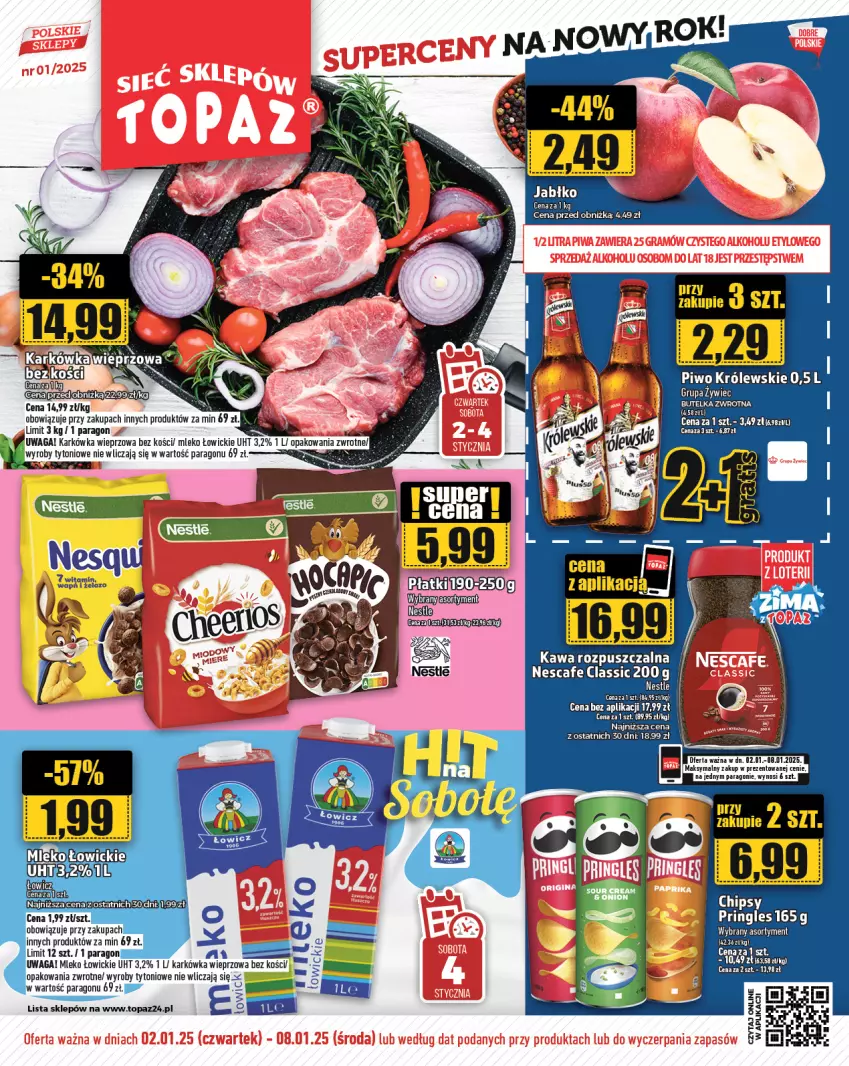 Gazetka promocyjna Topaz - Gazetka - ważna 02.01 do 08.01.2025 - strona 1 - produkty: Chipsy, Karkówka wieprzowa, Kawa, Kawa rozpuszczalna, Mleko, Piwo, Pringles, Top, Waga