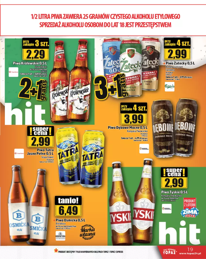 Gazetka promocyjna Topaz - Gazetka - ważna 02.01 do 08.01.2025 - strona 19 - produkty: Carlsberg, Fa, Królewski, Piwo, Tatra, Top, Tyskie