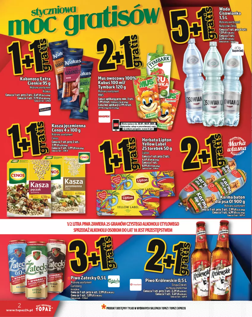 Gazetka promocyjna Topaz - Gazetka - ważna 02.01 do 08.01.2025 - strona 2 - produkty: Cenos, Cisowianka, Gra, Herbata, Kabanos, Kasza, Lipton, Mus, Piwa, Top, Tymbark, Woda