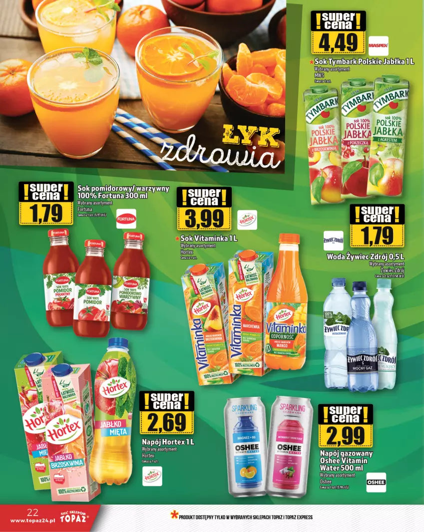 Gazetka promocyjna Topaz - Gazetka - ważna 02.01 do 08.01.2025 - strona 22 - produkty: Fortuna, Hortex, Inka, Jabłka, Mango, Napój, Oshee, Por, Ser, Sok, Sok pomidorowy, Tymbark, Woda