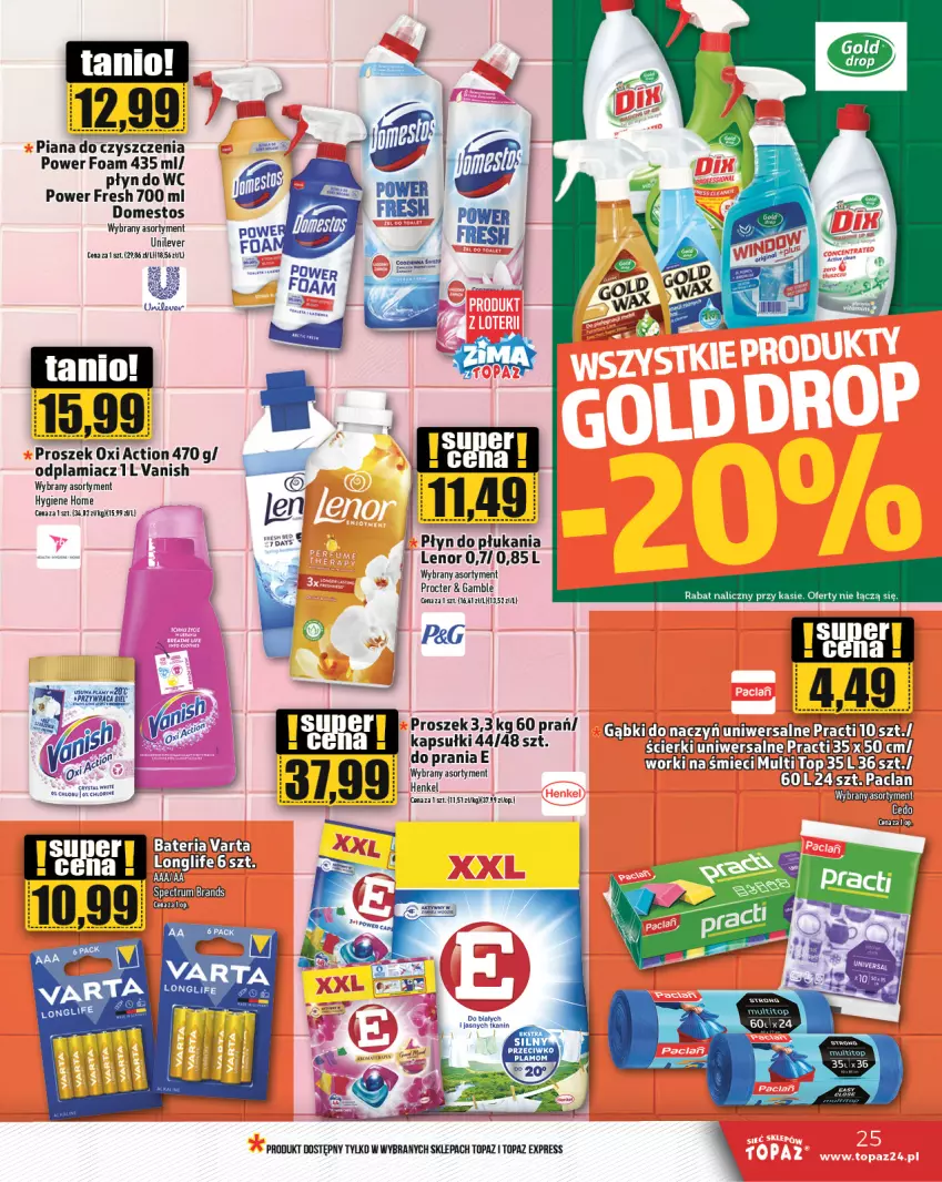 Gazetka promocyjna Topaz - Gazetka - ważna 02.01 do 08.01.2025 - strona 25 - produkty: Domestos, Lenor, Odplamiacz, Płyn do płukania, Płyn do wc, Top, Vanish, Varta