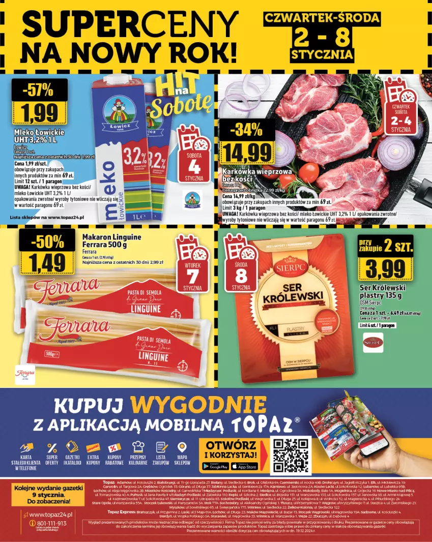 Gazetka promocyjna Topaz - Gazetka - ważna 02.01 do 08.01.2025 - strona 28 - produkty: Karkówka wieprzowa, Makaron, Mleko, Olej, Top, Waga