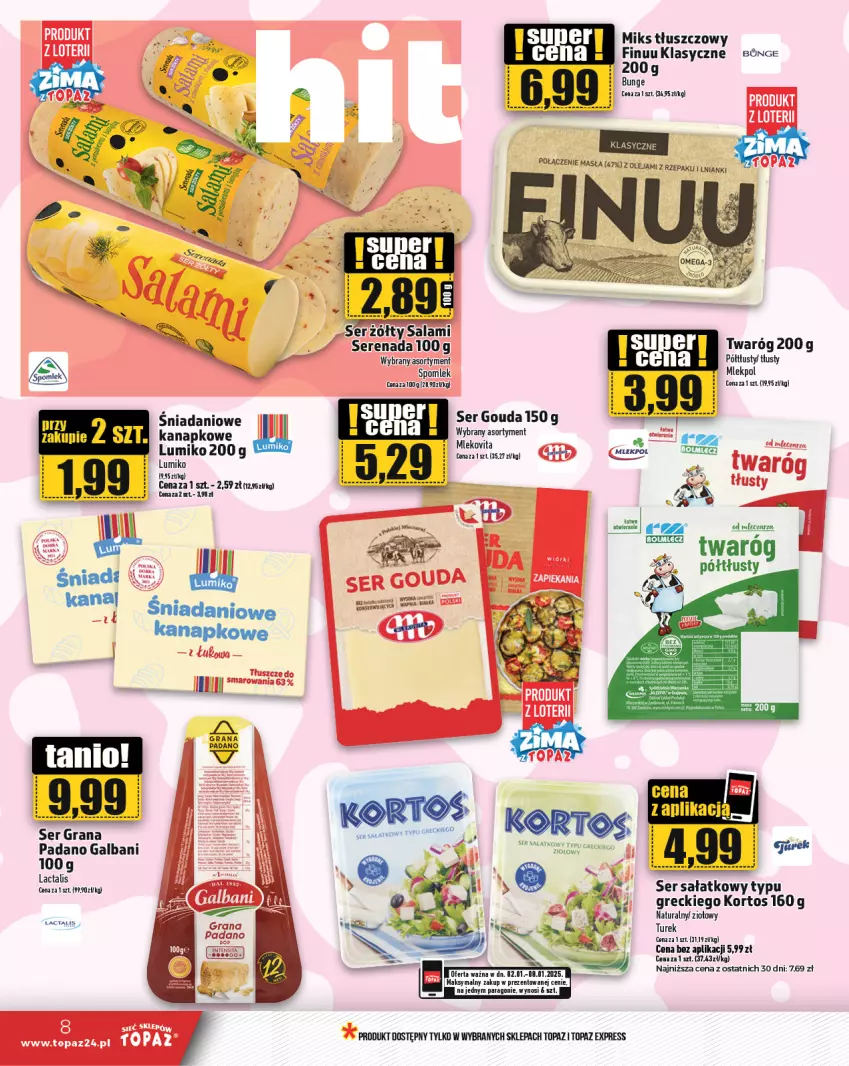 Gazetka promocyjna Topaz - Gazetka - ważna 02.01 do 08.01.2025 - strona 8 - produkty: Danio, Finuu, Galbani, Gouda, Gra, Mleko, Mlekovita, Sałat, Ser, Top, Twaróg