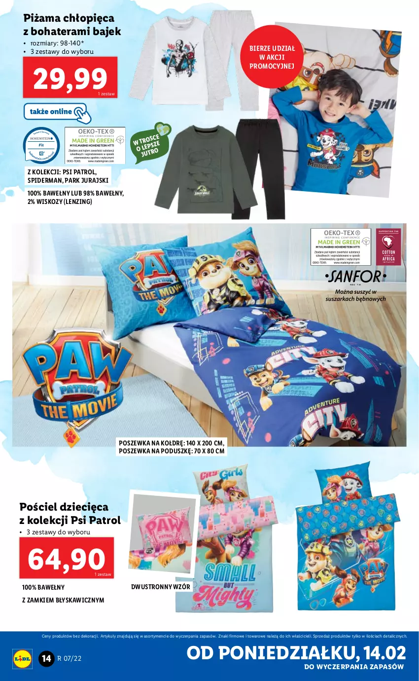 Gazetka promocyjna Lidl - GAZETKA - ważna 14.02 do 19.02.2022 - strona 14 - produkty: Dzieci, Piżama, Pościel, Poszewka, Psi Patrol, Spiderman, Tera