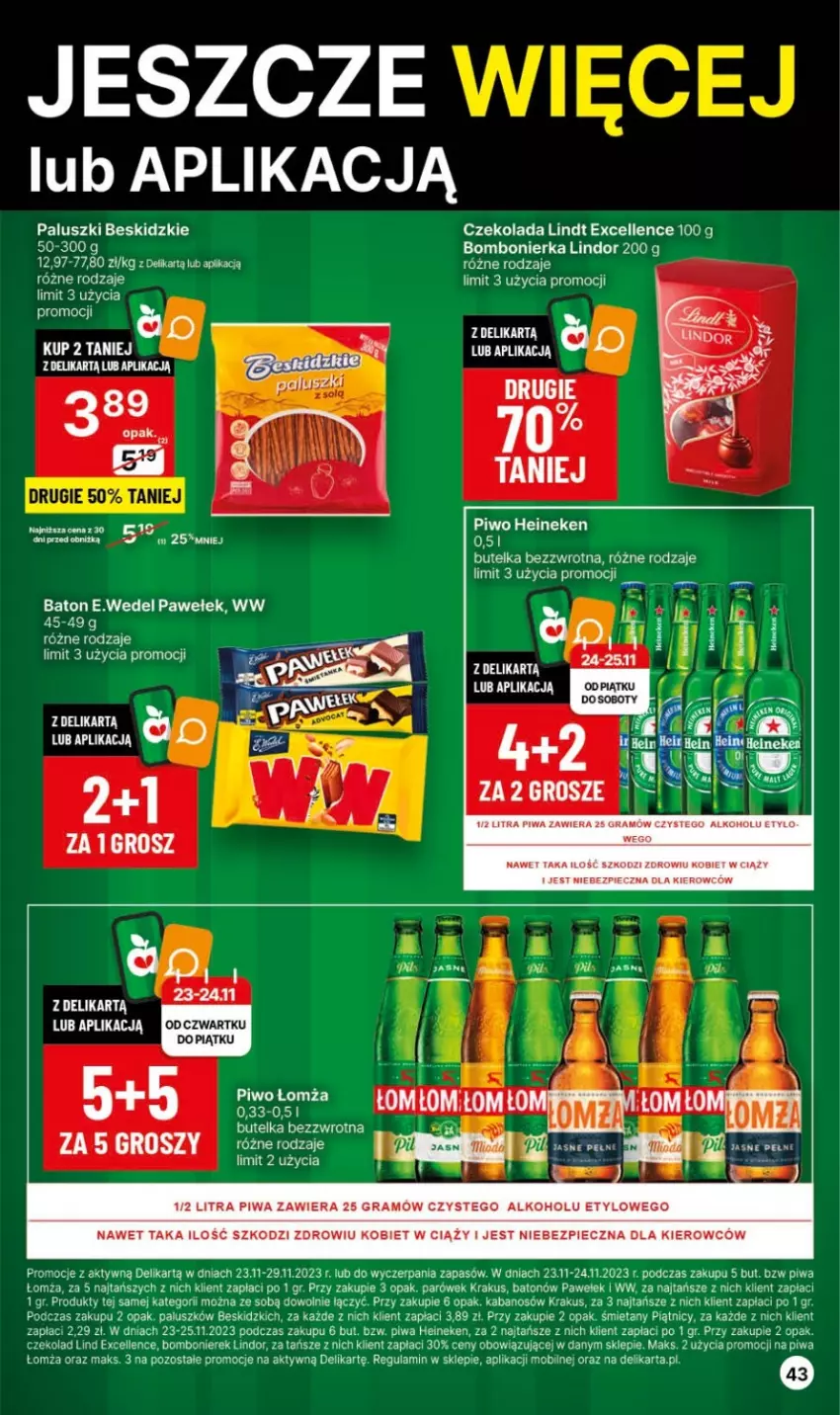 Gazetka promocyjna Delikatesy Centrum - Gazetka DC46 czw-sr - ważna 23.11 do 29.11.2023 - strona 43 - produkty: Baton, Beskidzki, Czekolada, Gra, Heineken, Kabanos, Krakus, Lindor, Lindt, Mobil, Piec, Piwa