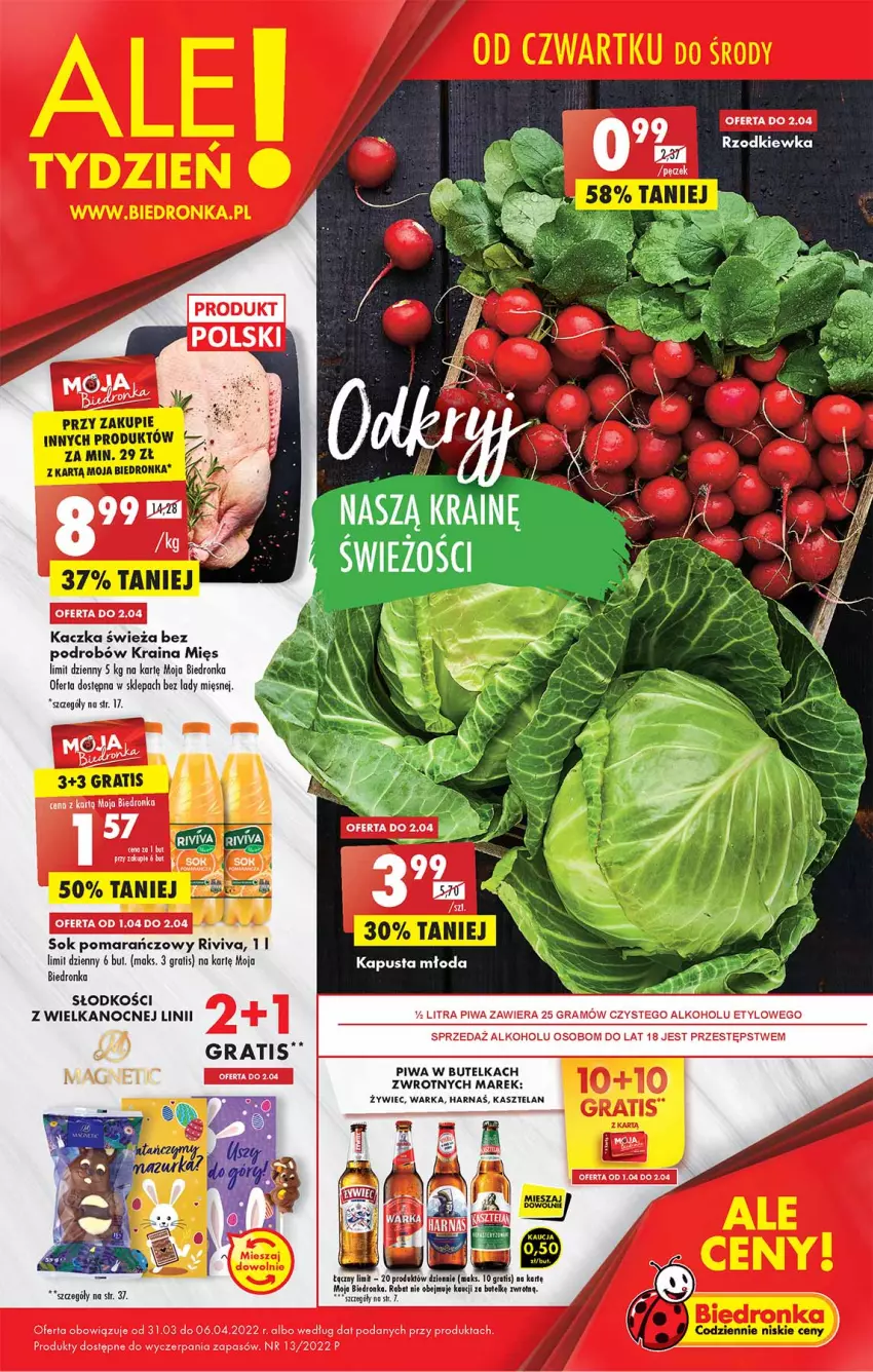 Gazetka promocyjna Biedronka - W tym tygodniu - ważna 31.03 do 06.04.2022 - strona 1 - produkty: Gra, Harnaś, Kaczka, Kasztelan, Piwa, Puma, Rzodkiewka, Sok, Sok pomarańczowy, Warka