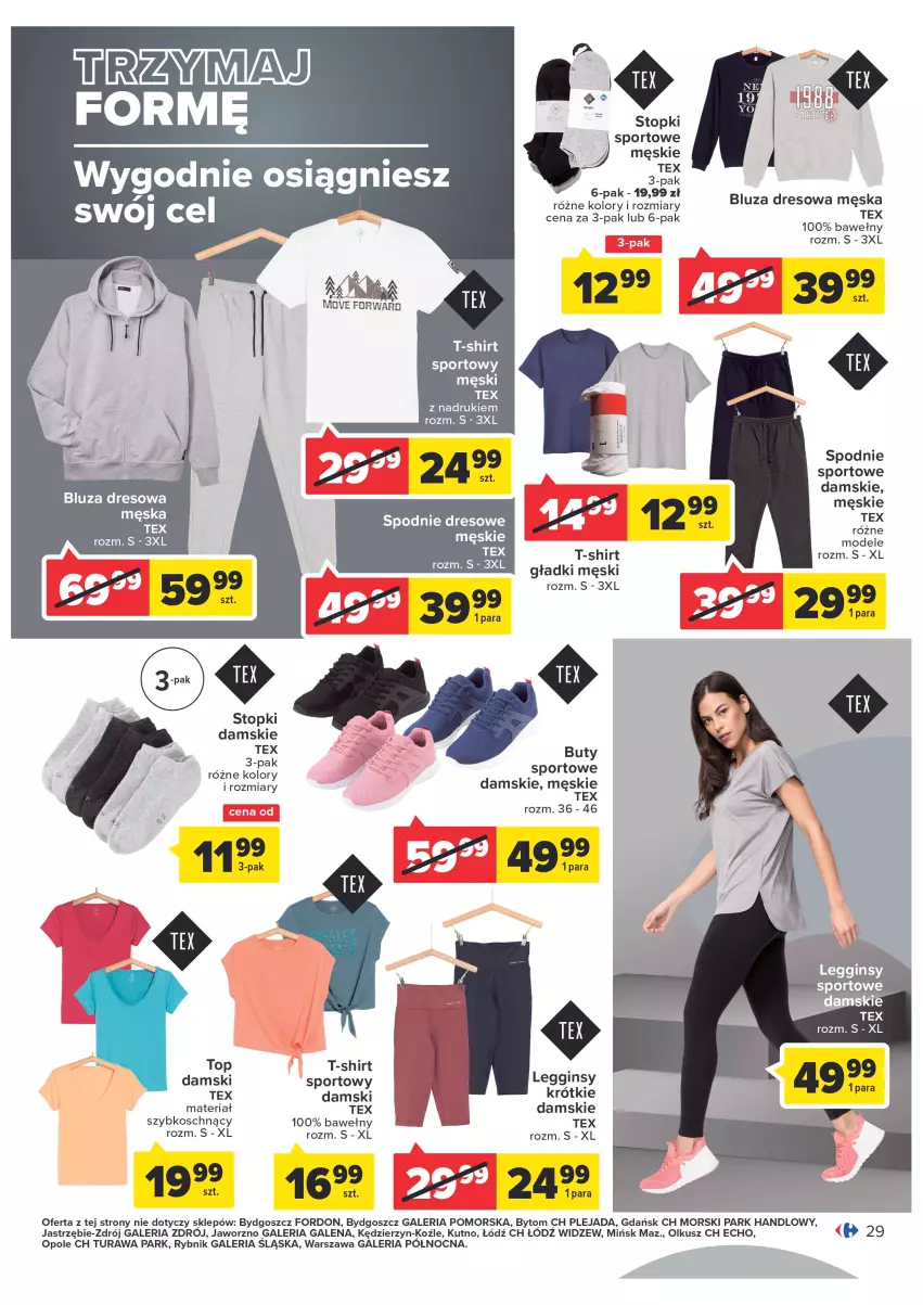 Gazetka promocyjna Carrefour - Gazetka Poczuj się kwitnąco na wiosnę - ważna 15.03 do 26.03.2022 - strona 29 - produkty: Bluza, Bluza dresowa, Buty, Dres, Gin, Legginsy, Por, Spodnie, Spodnie sportowe, Sport, T-shirt, Top