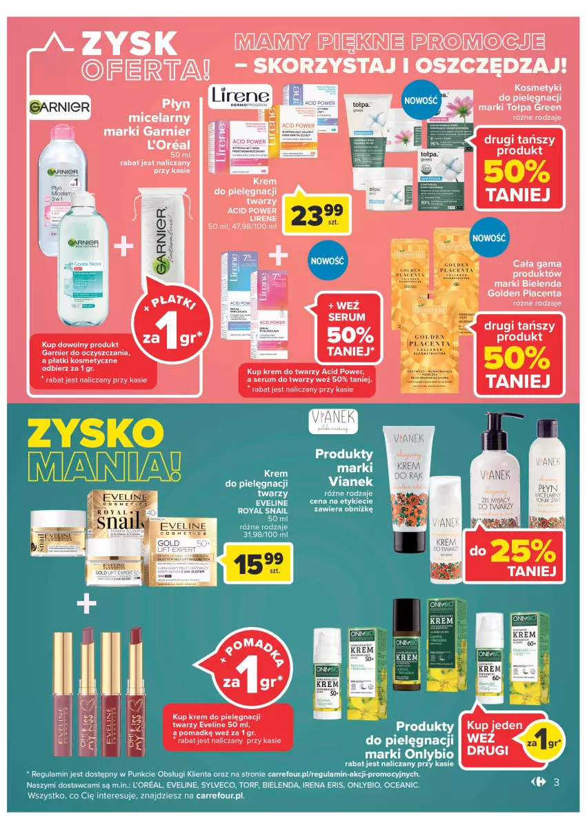 Gazetka promocyjna Carrefour - Gazetka Poczuj się kwitnąco na wiosnę - ważna 15.03 do 26.03.2022 - strona 3 - produkty: Bielenda, Eveline, Garnier, Gra, Kosmetyki do pielęgnacji, Krem do rąk, Krem do twarzy, Lirene, Mop, Płatki kosmetyczne, Rum, Ser, Serum, Serum do twarzy, Tołpa