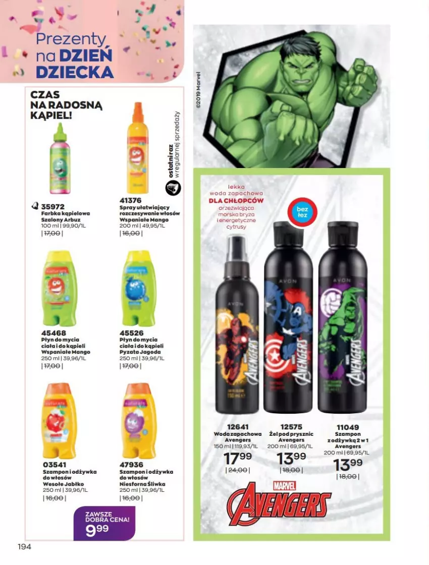 Gazetka promocyjna Avon - Katalog Avon online 5/2021 - ważna 01.05 do 31.05.2021 - strona 194 - produkty: Arbuz, Avengers, Bryza, Fa, Mango, Odżywka, Płyn do mycia, Szal, Szampon, Woda