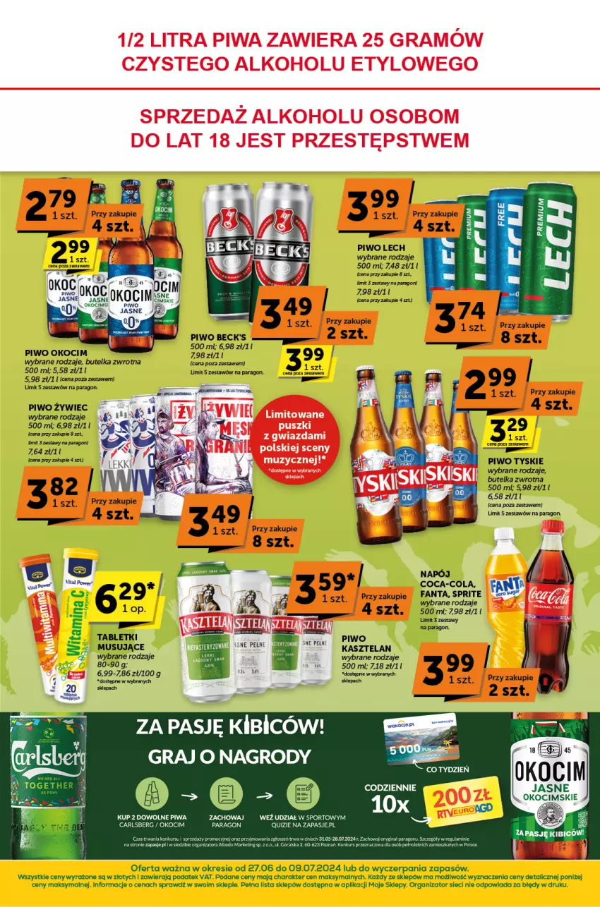 Gazetka promocyjna ABC - ważna 27.06 do 09.07.2024 - strona 8 - produkty: BIC, Carlsberg, Coca-Cola, Fa, Fanta, Gin, Gra, Kasztelan, Koc, Mus, Napój, Okocim, Piwa, Piwo, Por, Quiz, Sport, Sprite, Tyskie