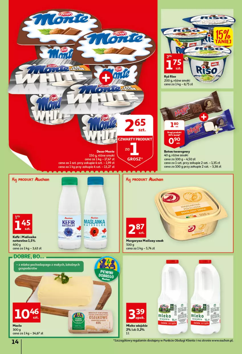 Gazetka promocyjna Auchan - przeNISKIE CENY przeWSPANIAŁE okazje Hipermarkety - ważna 21.04 do 27.04.2022 - strona 14 - produkty: Baton, Kefir, Kefir naturalny, Margaryna, Maślanka, Masło, Mleko, Ryż