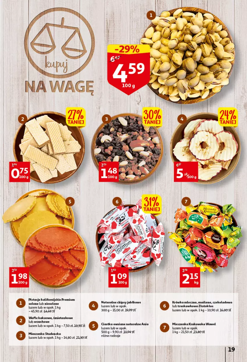 Gazetka promocyjna Auchan - przeNISKIE CENY przeWSPANIAŁE okazje Hipermarkety - ważna 21.04 do 27.04.2022 - strona 19 - produkty: Chipsy, Ciastka, Ciastka owsiane, Kakao, LANA, Mieszanka studencka, Pistacje, Wafle, Wawel