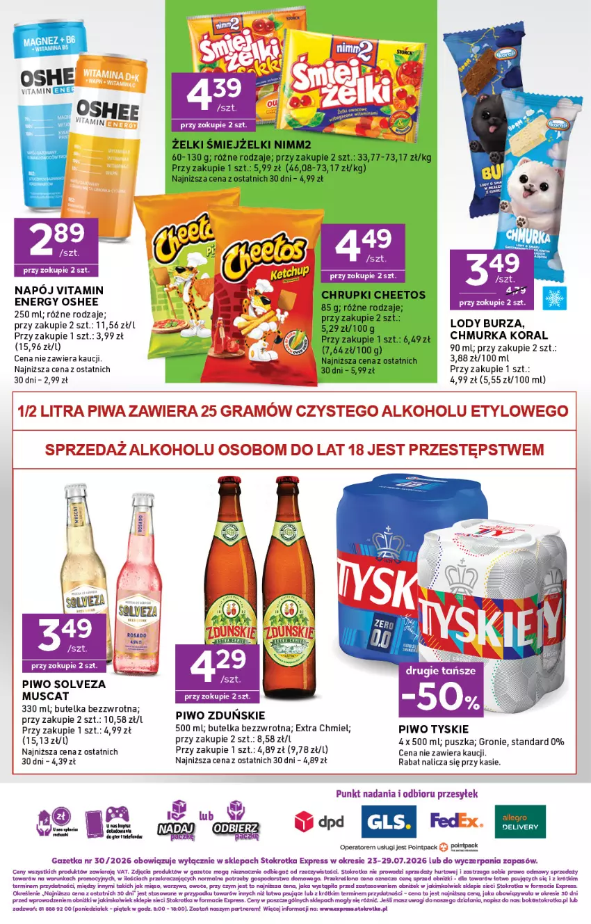 Gazetka promocyjna Stokrotka - Express - ważna 23.07 do 29.07.2026 - strona 6 - produkty: Cheetos, Chrupki, Gra, Lody, Mięso, Mus, Napój, Nimm2, O nas, Oshee, Owoce, Piwa, Piwo, Tyskie, Wagi, Warzywa