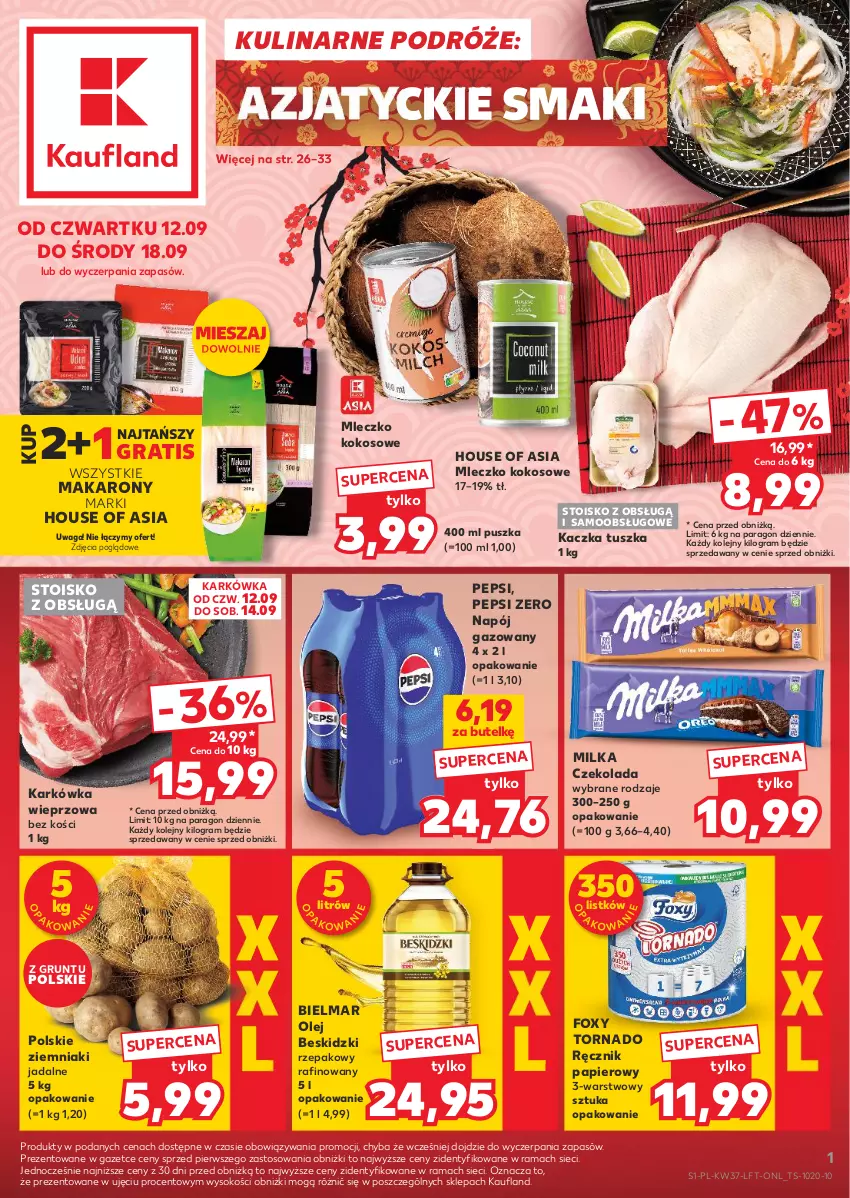 Gazetka promocyjna Kaufland - Gazetka tygodnia - ważna 12.09 do 18.09.2024 - strona 1 - produkty: Beskidzki, Czekolada, Foxy, Gra, Grunt, House of Asia, Kaczka, Karkówka wieprzowa, Kokos, Makaron, Milka, Mleczko, Napój, Napój gazowany, Olej, Papier, Pepsi, Rama, Ręcznik, Sok, Tusz, Waga, Ziemniaki