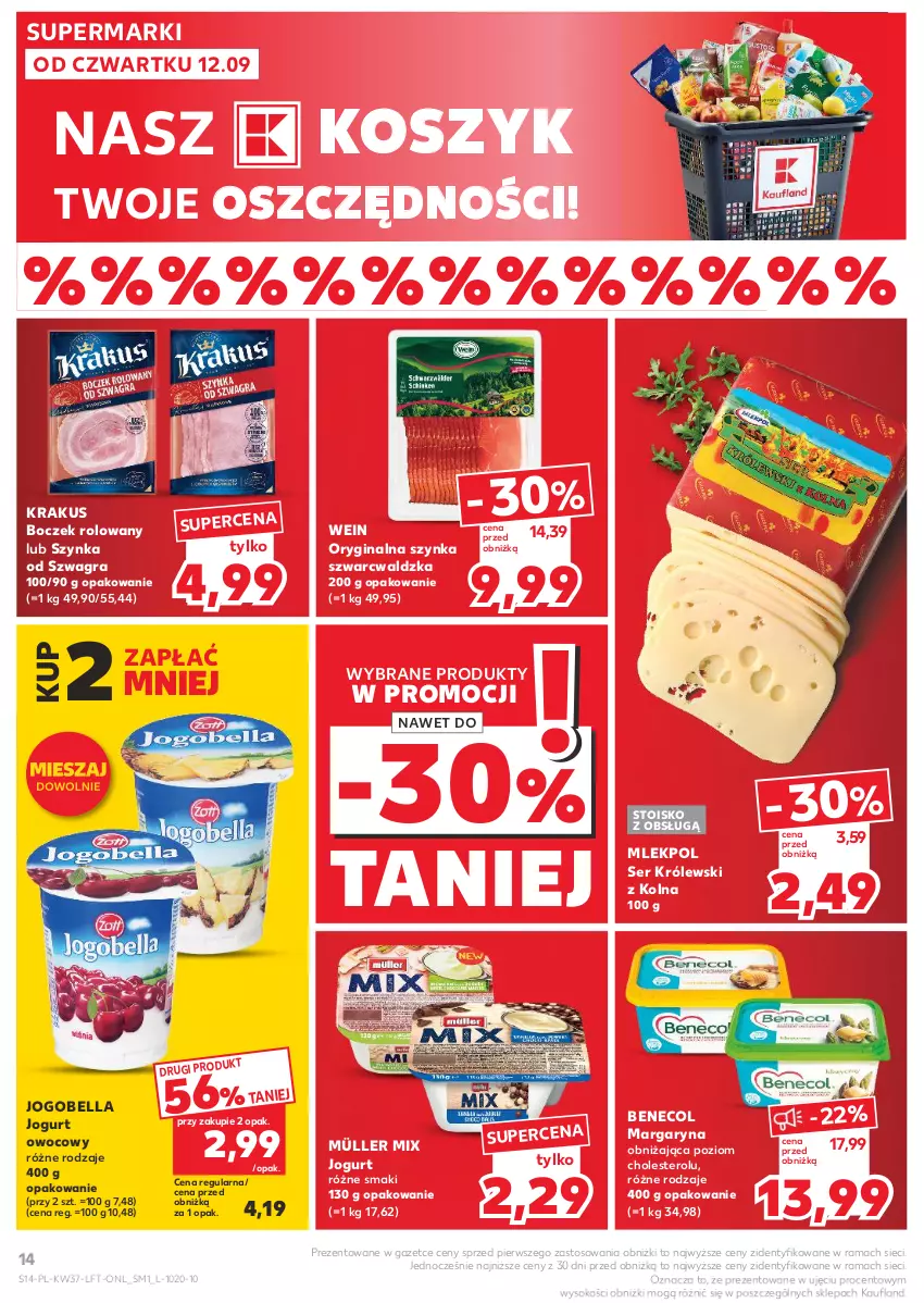 Gazetka promocyjna Kaufland - Gazetka tygodnia - ważna 12.09 do 18.09.2024 - strona 14 - produkty: Bell, Bella, Benecol, Boczek, Gin, Gra, Jogobella, Jogurt, Jogurt owocowy, Kosz, Krakus, Królewski, Margaryna, Müller, Müller Mix, Rama, Ser, Sok, Szynka