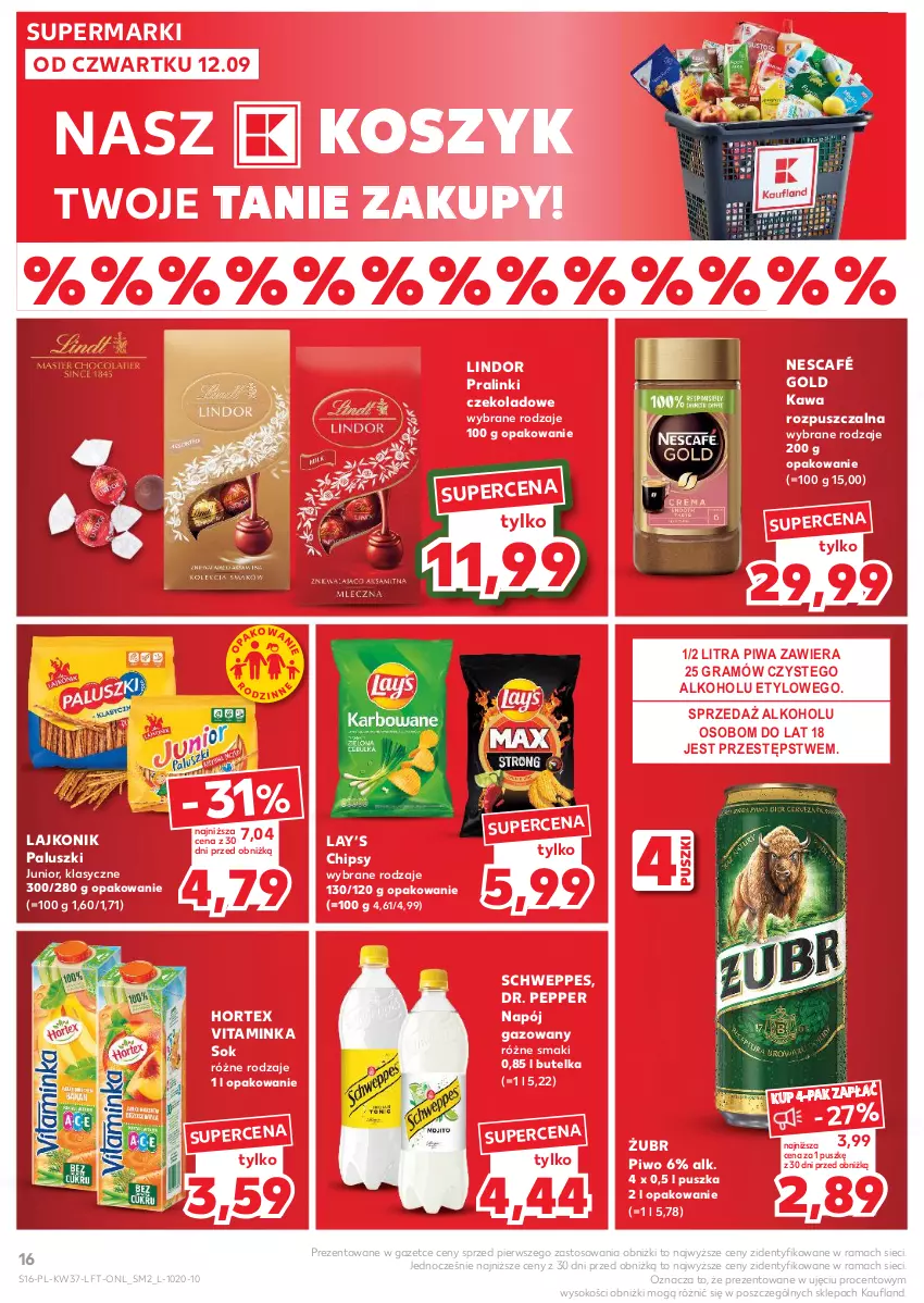 Gazetka promocyjna Kaufland - Gazetka tygodnia - ważna 12.09 do 18.09.2024 - strona 16 - produkty: Chipsy, Gra, Hortex, Inka, Kawa, Kawa rozpuszczalna, Kosz, Lajkonik, Lay’s, Lindor, Napój, Napój gazowany, Nescafé, Piwa, Piwo, Rama, Schweppes, Sok