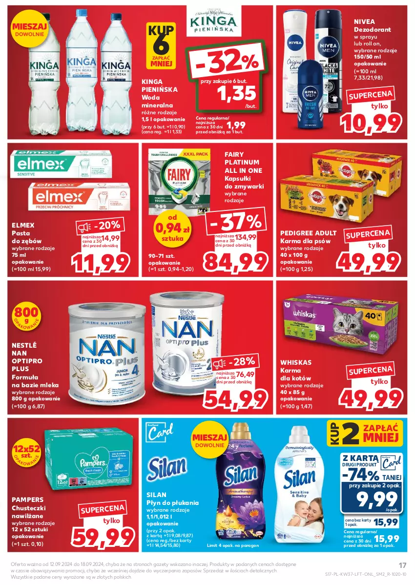 Gazetka promocyjna Kaufland - Gazetka tygodnia - ważna 12.09 do 18.09.2024 - strona 17 - produkty: Chusteczki, Dezodorant, Elmex, Fa, Fairy, NAN Optipro, Nestlé, Nivea, Pampers, Pasta do zębów, Pedigree, Płyn do płukania, Silan, Whiskas, Woda, Woda mineralna, Zmywarki