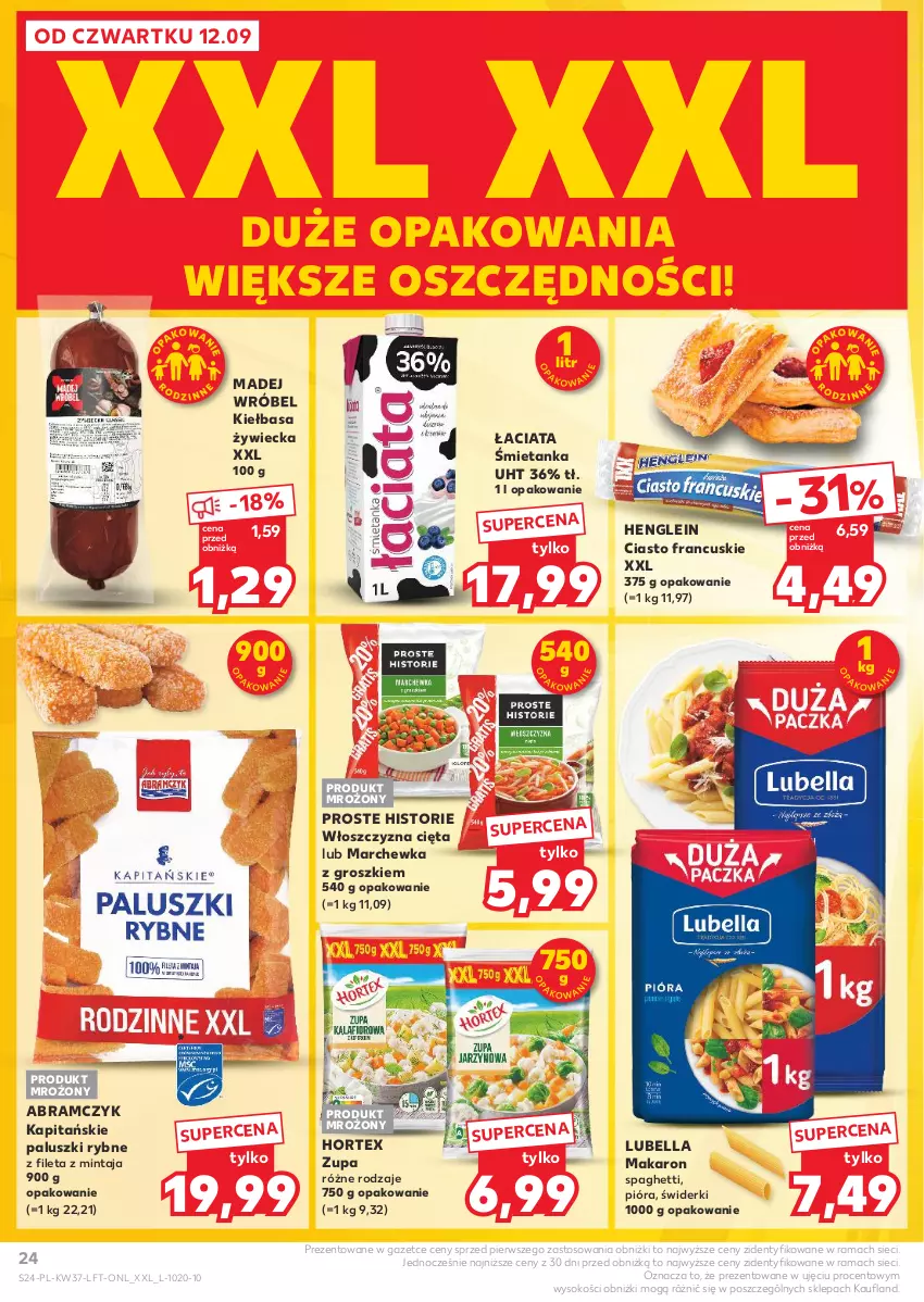 Gazetka promocyjna Kaufland - Gazetka tygodnia - ważna 12.09 do 18.09.2024 - strona 24 - produkty: Bell, Bella, Ciasto francuskie, Hortex, Kiełbasa, Lubella, Madej Wróbel, Makaron, Marchewka, Mintaj, Paluszki rybne, Rama, Sok, Spaghetti, Zupa