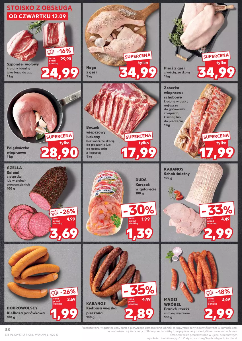 Gazetka promocyjna Kaufland - Gazetka tygodnia - ważna 12.09 do 18.09.2024 - strona 38 - produkty: Boczek, Boczek wieprzowy, Duda, Frankfurterki, Gala, Kabanos, Kapustą, Kiełbasa, Kiełbasa wiejska, Kurczak, Madej Wróbel, Piec, Polędwiczka wieprzowa, Rama, Salami, Sok, Szponder wołowy