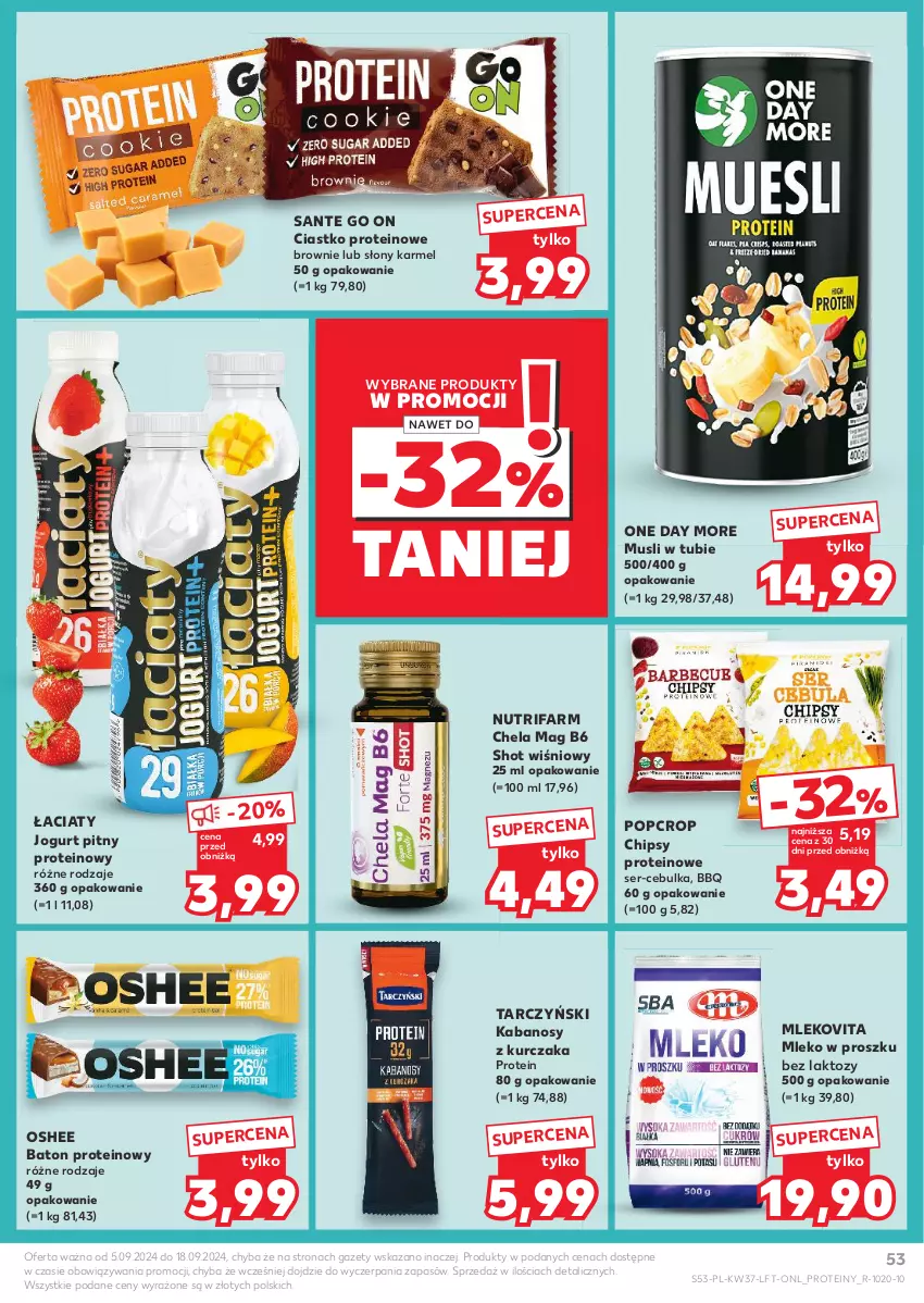 Gazetka promocyjna Kaufland - Gazetka tygodnia - ważna 12.09 do 18.09.2024 - strona 53 - produkty: Baton, Brownie, Chipsy, Fa, Jogurt, Jogurt pitny, Kabanos, Kurczak, Mleko, Mleko w proszku, Mlekovita, Mus, Oshee, Sante, Ser, Tarczyński