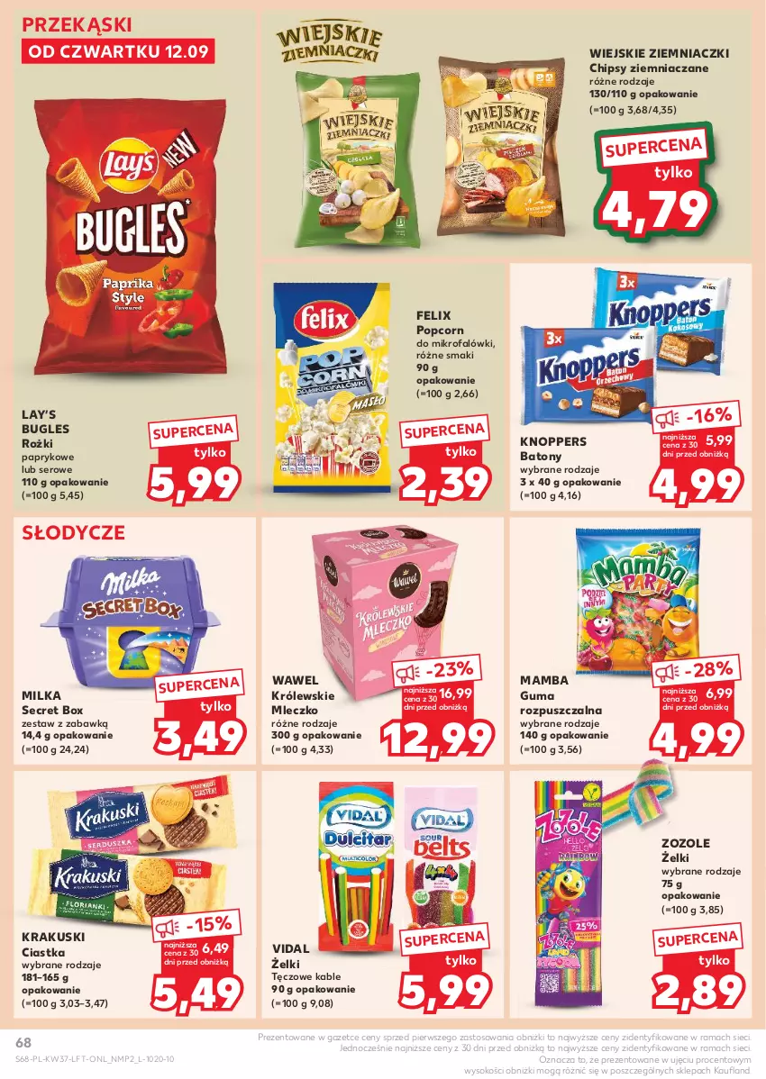 Gazetka promocyjna Kaufland - Gazetka tygodnia - ważna 12.09 do 18.09.2024 - strona 68 - produkty: Baton, Chipsy, Ciastka, Fa, Felix, Guma rozpuszczalna, Knoppers, Krakus, Krakuski, Królewski, Królewskie Mleczko, Lay’s, Mamba, Milka, Mleczko, Popcorn, Rama, Ser, Sok, Wawel