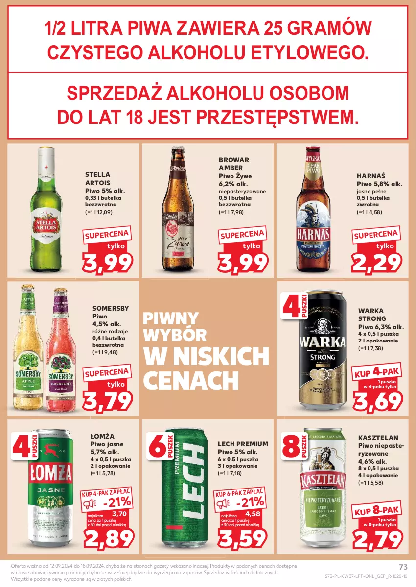 Gazetka promocyjna Kaufland - Gazetka tygodnia - ważna 12.09 do 18.09.2024 - strona 73 - produkty: Gra, Harnaś, Kasztelan, Lech Premium, Piwa, Piwo, Piwo jasne, Somersby, Warka