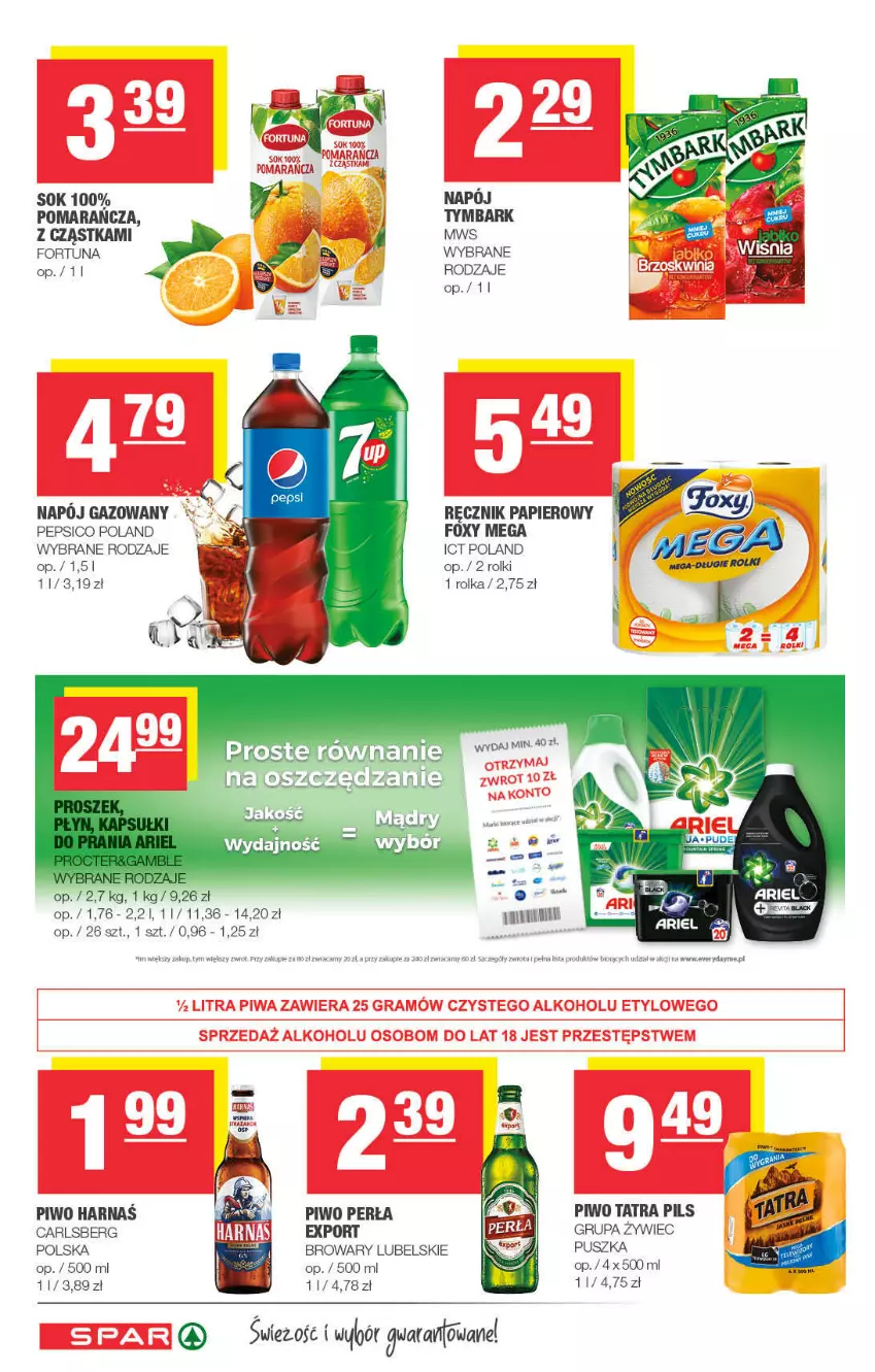 Gazetka promocyjna Spar - ważna 02.11 do 12.11.2021 - strona 10 - produkty: Ariel, Carlsberg, Fortuna, Foxy, Gra, Harnaś, Napój, Napój gazowany, Papier, Pepsi, Perła, Piwa, Piwo, Por, Ręcznik, Rolki, Sok, Tatra