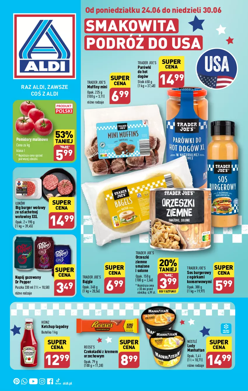 Gazetka promocyjna Aldi - Smakowita podróż do USA - ważna 24.06 do 30.06.2024 - strona 1 - produkty: Bajgle, Burger, Heinz, Hot dog, Ketchup, Lody, Muffiny, Napój, Napój gazowany, Nestlé, Orzeszki, Orzeszki ziemne, Parówki, Pomidory, Ser, Smakowita, Sos