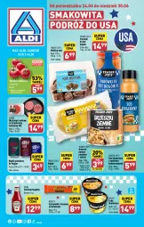 Gazetka promocyjna Aldi - Smakowita podróż do USA - Gazetka - ważna od 30.06 do 30.06.2024 - strona 1 - produkty: Ketchup, Sos, Ser, Smakowita, Hot dog, Orzeszki, Parówki, Lody, Bajgle, Burger, Napój gazowany, Muffiny, Orzeszki ziemne, Napój, Pomidory, Heinz, Nestlé