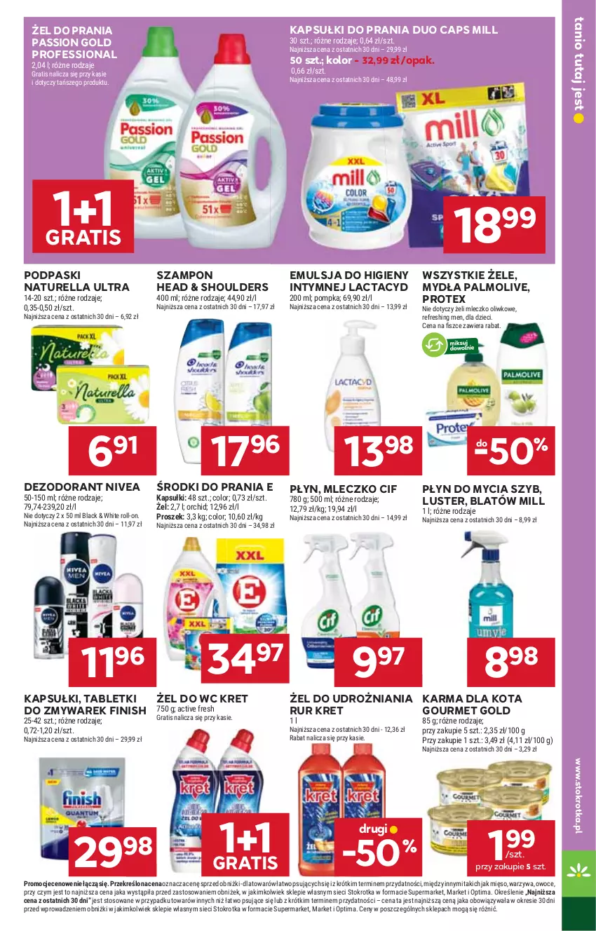 Gazetka promocyjna Stokrotka - Market - ważna 19.02 do 25.02.2026 - strona 23 - produkty: Cif, Dezodorant, Dzieci, Emulsja, Finish, Gourmet Gold, Gra, Kapsułki do prania, Kret, Lack, Lactacyd, Mięso, Mleczko, Naturell, Naturella, Nivea, Optima, Owoce, Palmolive, Płyn do mycia, Podpaski, Pompka, Szampon, Tablet, Warzywa