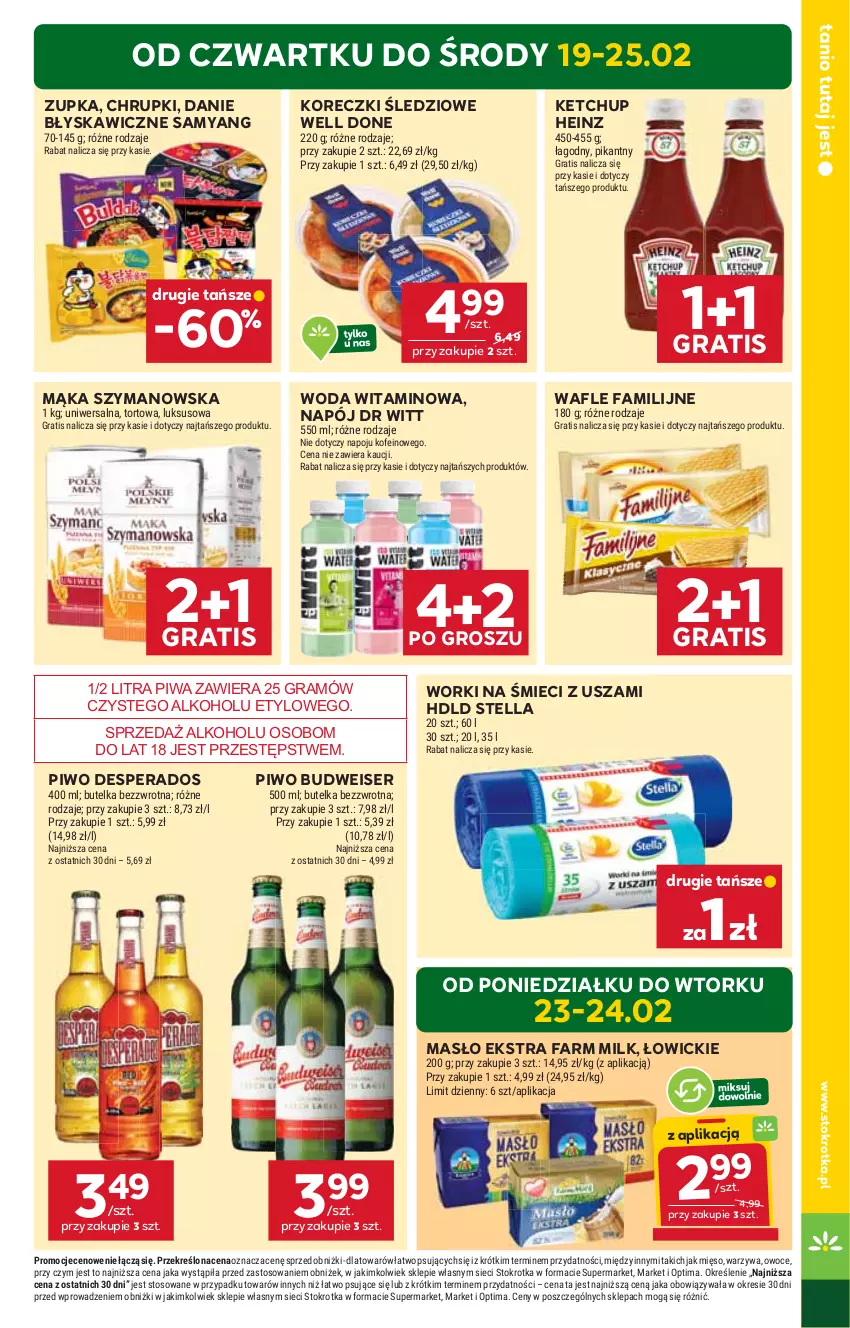 Gazetka promocyjna Stokrotka - Market - ważna 19.02 do 25.02.2026 - strona 5 - produkty: Chrupki, Desperados, Fa, Farm Milk, Gra, Heinz, Ketchup, Koreczki śledziowe, Mąka, Masło, Mięso, Napój, Optima, Owoce, Piwa, Piwo, Ser, Wafle, Warzywa, Woda, Worki na śmiec, Worki na śmieci