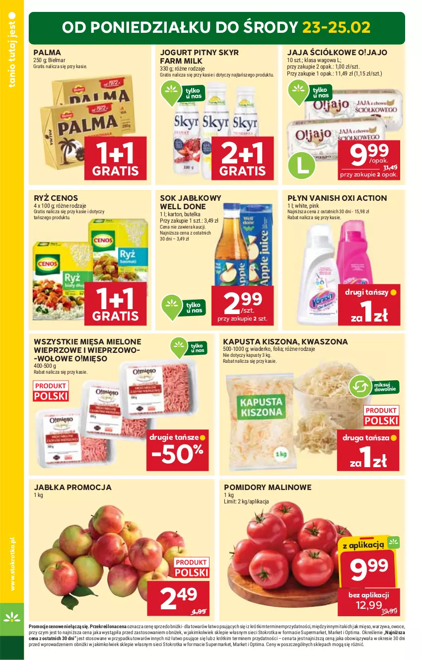 Gazetka promocyjna Stokrotka - Market - ważna 19.02 do 25.02.2026 - strona 6 - produkty: Cenos, Fa, Farm Milk, Gra, Jabłka, Jaja, Jogurt, Jogurt pitny, Mięso, Optima, Owoce, Palma, Pomidory, Ryż, Sok, Sok jabłkowy, Vanish, Warzywa