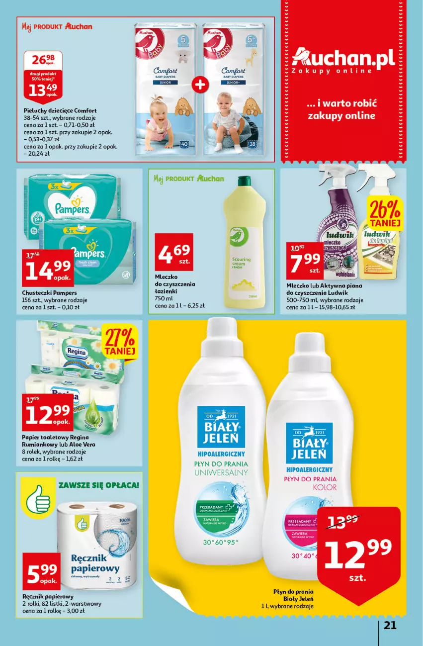 Gazetka promocyjna Auchan - Gazetka przeNISKIE CENY – PrzeWyborne produkty regionalne Hipermarkety - ważna 08.09 do 14.09.2022 - strona 21 - produkty: AEG, Aloe vera, Biały Jeleń, Chusteczki, Dzieci, Gin, Ludwik, Mleczko, Pampers, Papier, Papier toaletowy, Pieluchy, Płyn do prania, Ręcznik, Rolki, Rum, Ser