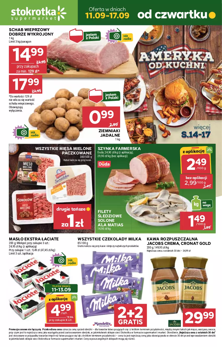 Gazetka promocyjna Stokrotka - Supermarket - ważna 11.09 do 17.09.2025 - strona 1 - produkty: Duda, Fa, Gra, Jacobs, Kawa, Kawa rozpuszczalna, Masło, Mięso, Milka, Owoce, Schab wieprzowy, Szynka, Szynka farmerska, Warzywa, Ziemniaki