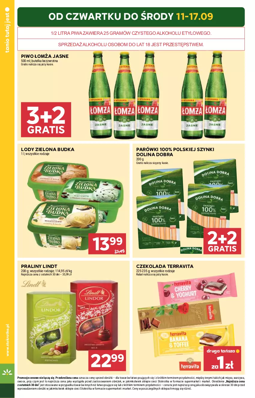 Gazetka promocyjna Stokrotka - Supermarket - ważna 11.09 do 17.09.2025 - strona 2 - produkty: Czekolada, Gra, Lindt, Lody, Mięso, Owoce, Parówki, Piwa, Piwo, Praliny, Warzywa, Zielona Budka