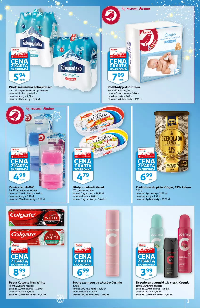 Gazetka promocyjna Auchan - Skarbonka #49 - ważna 09.12 do 15.12.2021 - strona 3 - produkty: Czekolada, Dezodorant, Gra, Graal, Granola, Kakao, Suchy szampon, Szampon, Woda, Woda mineralna, Zawieszka do wc