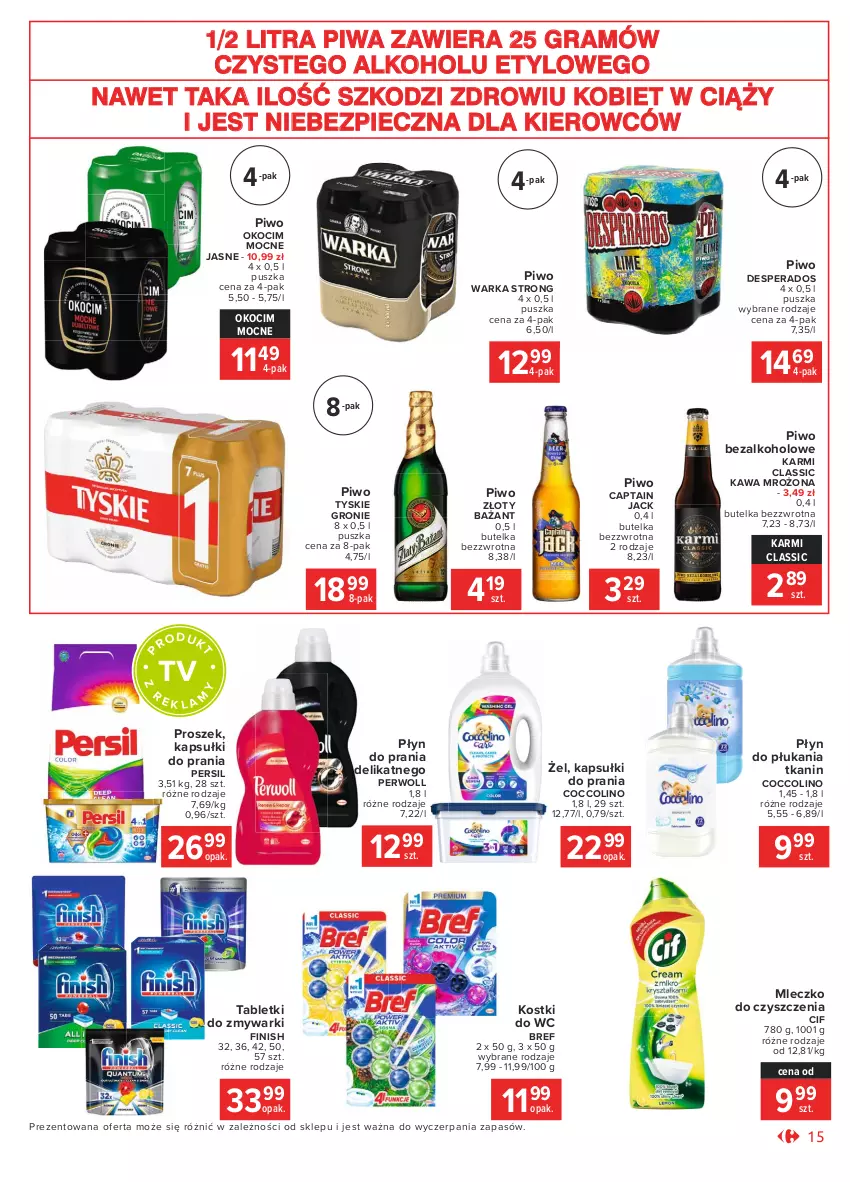 Gazetka promocyjna Carrefour - Gazetka Market - ważna 18.01 do 31.01.2021 - strona 15 - produkty: Bref, Captain Jack, Cif, Coccolino, Desperados, Finish, Gra, Kapsułki do prania, Karmi, Kawa, Koc, Mleczko, Okocim, Persil, Perwoll, Piec, Piwa, Piwo, Płyn do płukania, Płyn do prania, Tablet, Tabletki do zmywarki, Tyskie, Warka, Zmywarki