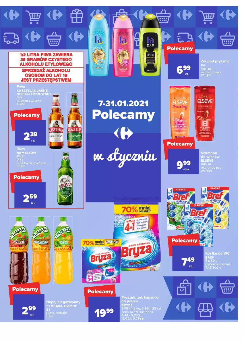 Gazetka promocyjna Carrefour - Gazetka Market - ważna 18.01 do 31.01.2021 - strona 21 - produkty: Bref, Bryza, Elseve, Fa, Gra, Kapsułki do prania, Kasztelan, Kostka do wc, Namysłów, Napój, Napój niegazowany, Piwa, Piwo, Szampon, Tymbark