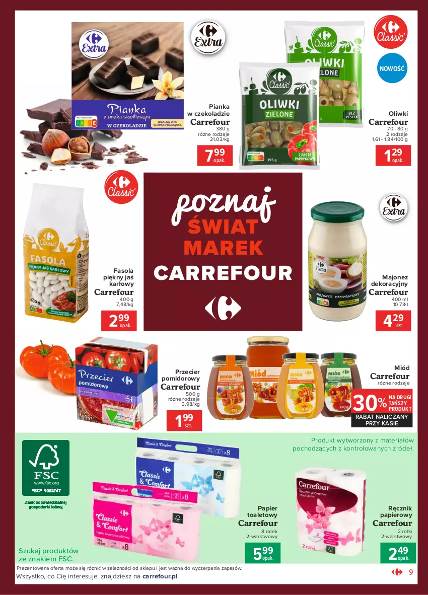 Gazetka promocyjna Carrefour - Gazetka Market - ważna 18.01 do 31.01.2021 - strona 9 - produkty: Fa, Fasola, Majonez, Miód, Oliwki, Papier, Papier toaletowy, Pianka w czekoladzie, Ręcznik, Rolki