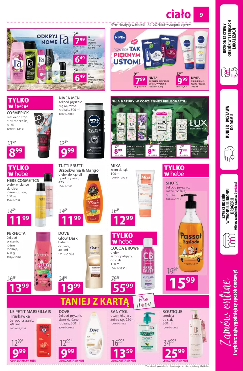 Gazetka promocyjna Hebe - Gazetka - ważna 01.01 do 12.01.2022 - strona 9 - produkty: Balsam do ciała, Dove, Emulsja, Hebe Cosmetics, Krem do rąk, Mango, Mars, Maska, Maska do stóp, Mixa, Nivea, Nivea Men, Olej, Perfecta, Sanytol