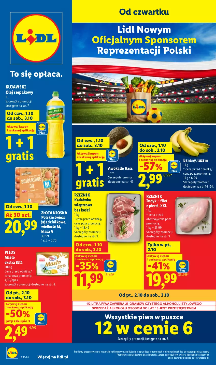 Gazetka promocyjna Lidl - Gazetka ważna od 1.10 do 3.10 - ważna 01.10 do 03.10.2026 - strona 1 - produkty: Anew, Banany, Gra, Jaja, Karkówka wieprzowa, Kujawski, Masło, Olej, Olej rzepakowy, Pilos, Piwa
