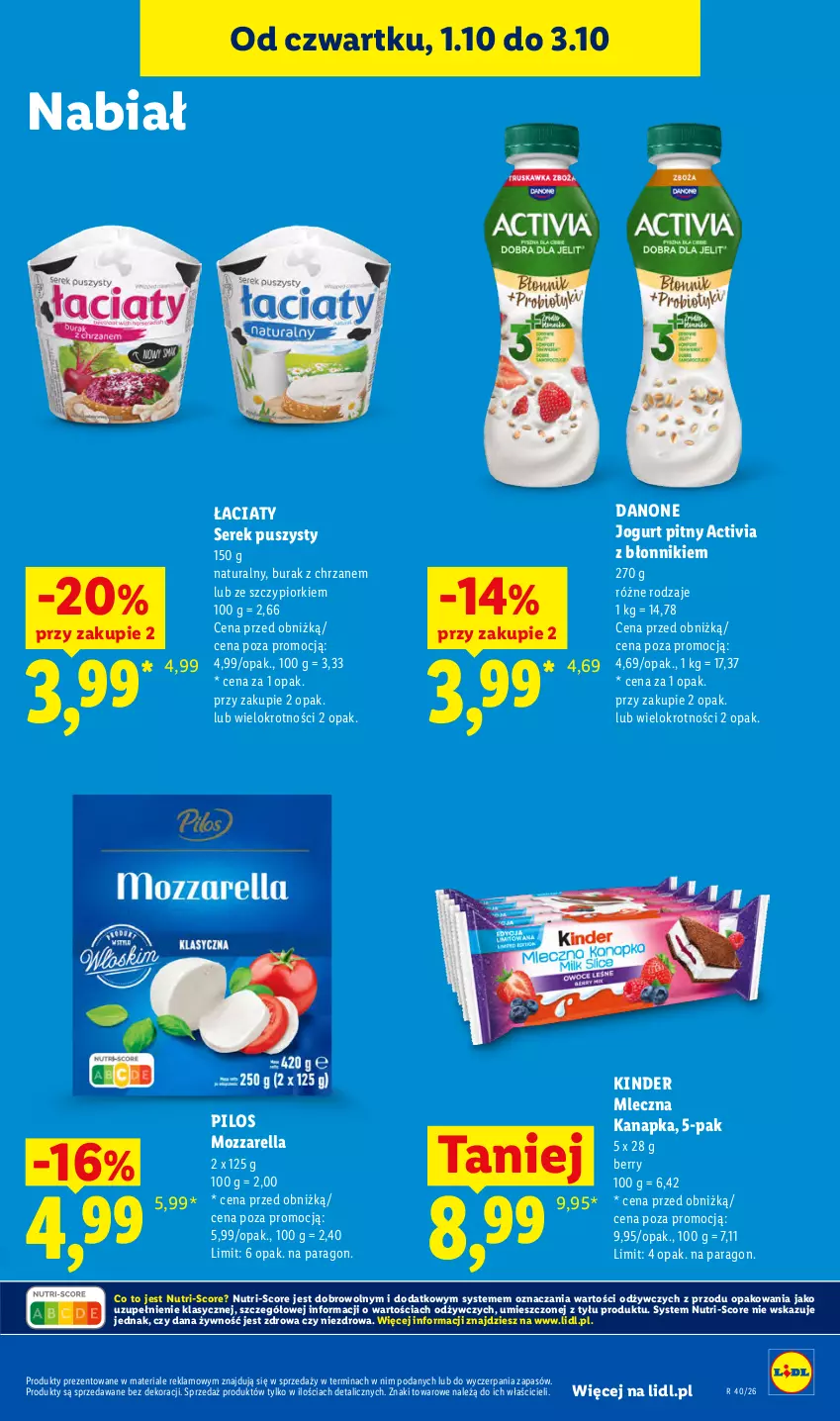 Gazetka promocyjna Lidl - Gazetka ważna od 1.10 do 3.10 - ważna 01.10 do 03.10.2026 - strona 61 - produkty: Activia, Chrzan, Danone, Jogurt, Jogurt pitny, Kinder, Mleczna kanapka, Mozzarella, Pilos, Ser, Serek, Serek puszysty