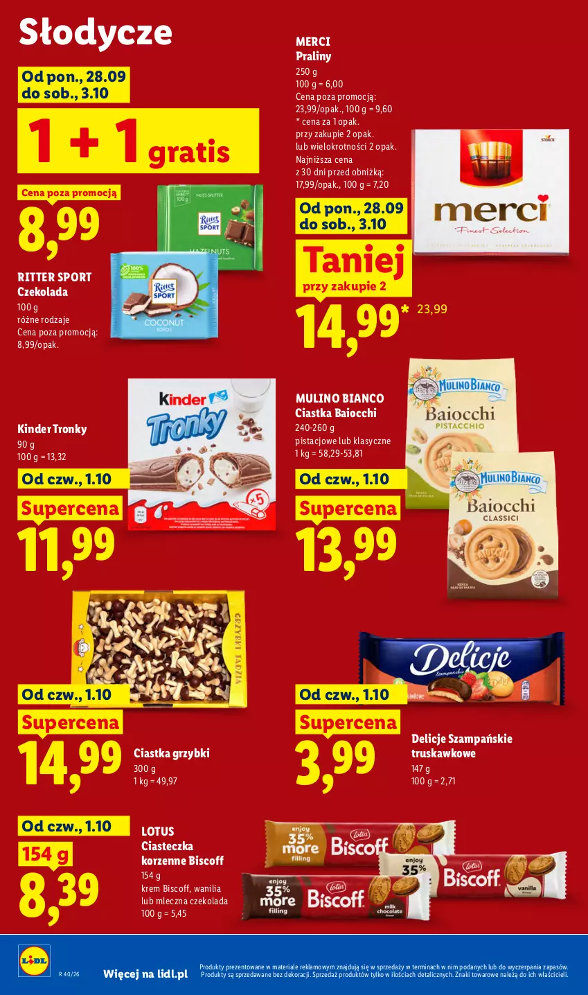 Gazetka promocyjna Lidl - Gazetka ważna od 1.10 do 3.10 - ważna 01.10 do 03.10.2026 - strona 66 - produkty: Ciastka, Czekolada, Delicje, Gra, Kinder, Merci, Por, Praliny, Ritter Sport, Sport